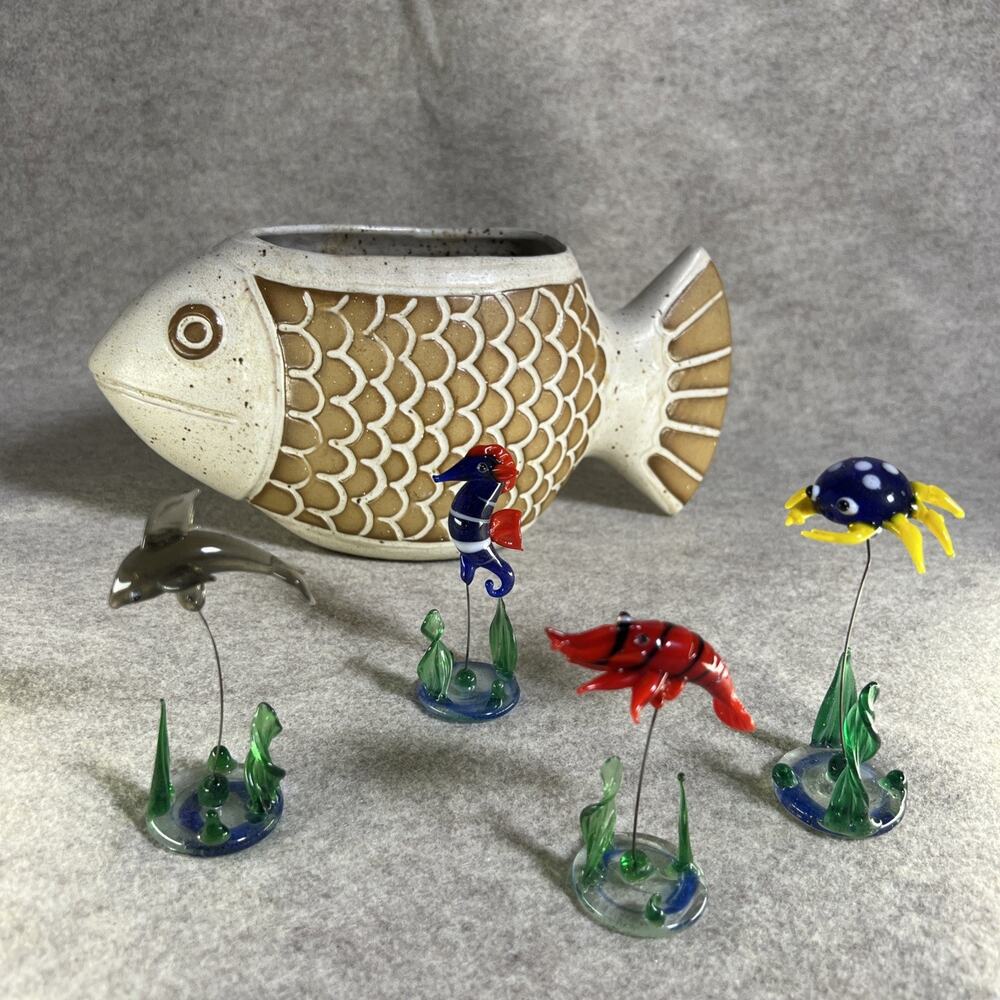Otagiri Japan MCM Fish Planter with 4 Blown Glass Sea Creatures • Décor Bundle